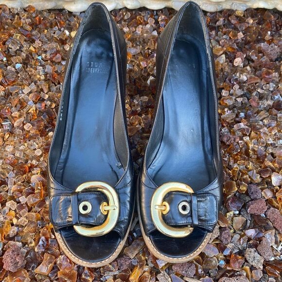Stuart Weitzman Black Open Toe Buckle Shoes/Mules Block Heel Sandals. Size 7.5 - Picture 2 of 9